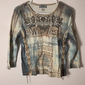 Vanilla Sugar Y2K Western Graphic Top Lace Up Sides Rhinestone Wild West Medium